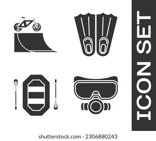 Set Diving mask, Bicycle on street ramp, Rafting boat and Rubber flippers for swimming icon. Vector
