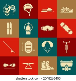 Set Diving mask, Bicycle, Skateboard trick, Snowmobile, Aqualung, Ski and sticks,  and goggles icon. Vector