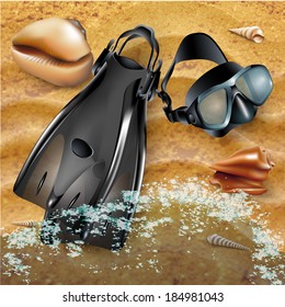 Set of a diving mask, flippers and sea-shells, isolated on sand background