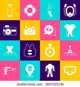 Set Diving mask, Floating buoy, Wetsuit for scuba diving, knife, Photo camera diver, Aqualung and Flippers swimming icon. Vector