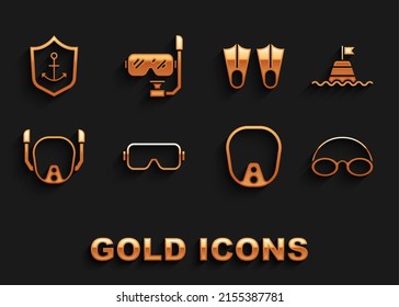 Set Diving mask, Floating buoy on the sea, Glasses and cap, Rubber flippers, Anchor inside shield and snorkel icon. Vector