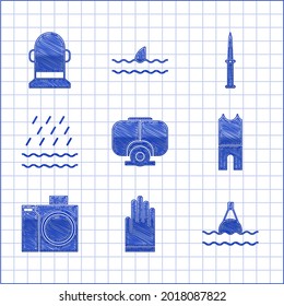 Tauchmaske, Handschuhe, schwimmende Bojen auf dem Meer, Wetsuit für Tauchsport, Fotokamerataucher, Regen und Wellen, Armeemesser und Buoy-Ikone. Vektorgrafik