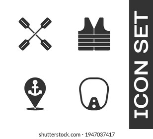 Set Diving mask, Paddle, Location with anchor and Life jacket icon. Vector