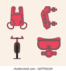 Set Diving mask, Parachute, Knee pads and Bicycle icon. Vector