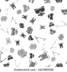 Set Diving mask, Parachute, Skateboard and Gloves on seamless pattern. Vector