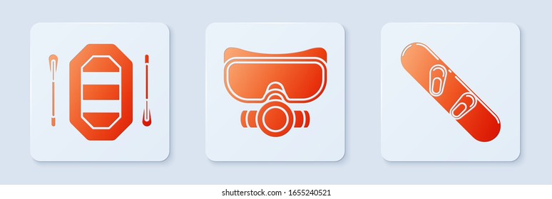 Set Diving mask, Rafting boat and Snowboard. White square button. Vector