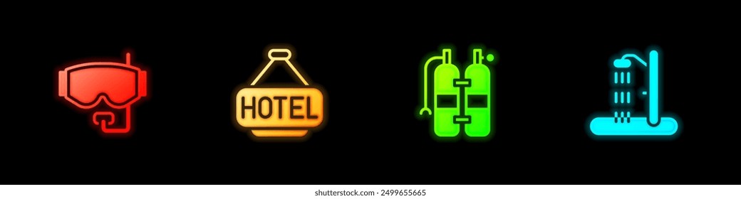 Conjunto de máscara de buceo, letrero con texto Hotel, Aqualung y el icono de ducha de playa. Vector