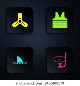 Set Diving mask and snorkel, Boat propeller, turbine, Shark fin ocean wave and Life jacket. Black square button. Vector