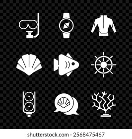 Set Diving mask and snorkel, Compass, Wetsuit, Gauge scale, Scallop sea shell, Coral,  and Fish icon. Vector