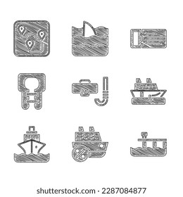 Set Diving mask y snorkel, Cruise ship, Beach pier dock, Life jacket, ticket e icono de localización de la ruta. Vector
