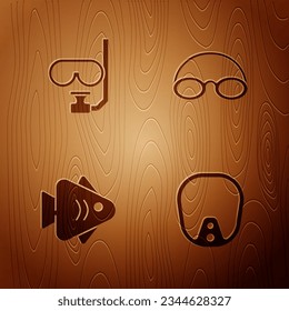 Set Diving mask, and snorkel, Fish and Glasses cap on wooden background. Vector