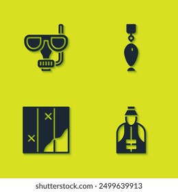 Set Diving mask and snorkel, Fisherman, Folded map and Fishing spoon icon. Vector