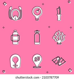 Set Diving mask with snorkel, Gauge scale, knife, Aqualung, Coral, Life jacket and Flippers for swimming icon. Vector