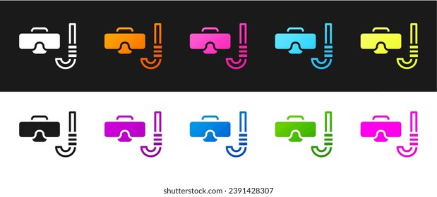 Set Diving mask and snorkel icon isolated on black and white background. Extreme sport. Diving underwater equipment.  Vector