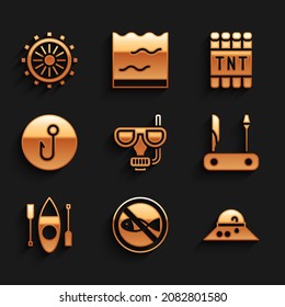 Set Diving mask and snorkel, No fishing, Fisherman hat, Swiss army knife, Kayak canoe, Fishing hook, Detonate dynamite bomb stick and Ship steering wheel icon. Vector