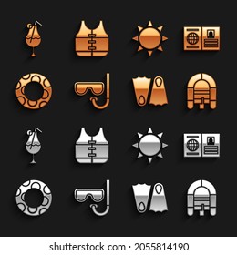 Set Diving mask and snorkel, Passport, Rafting boat, Rubber flippers, swimming ring, Sun, Cocktail alcohol drink and Life jacket icon. Vector