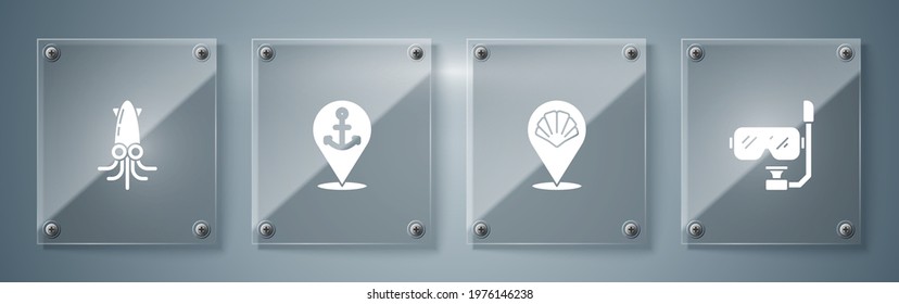 Set Diving mask and snorkel, Scallop sea shell, Location with anchor and Octopus. Square glass panels. Vector