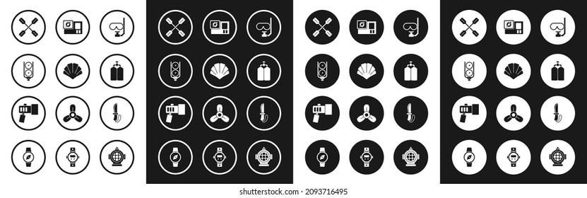Set Diving mask and snorkel, Scallop sea shell, Gauge scale, Paddle, Aqualung, Action camera, Knife and Flashlight icon. Vector