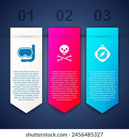 Set Diving mask and snorkel, Skull on crossbones and Compass. Business infographic template. Vector