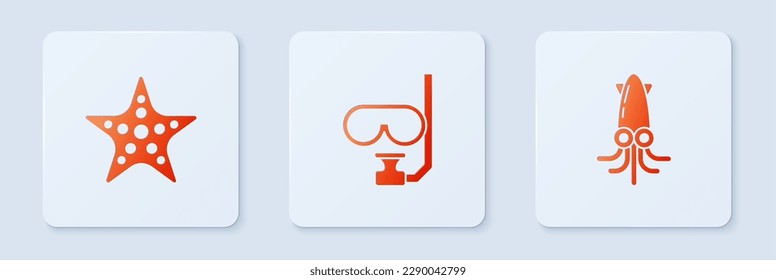 Set Diving mask and snorkel, Starfish and Octopus. White square button. Vector