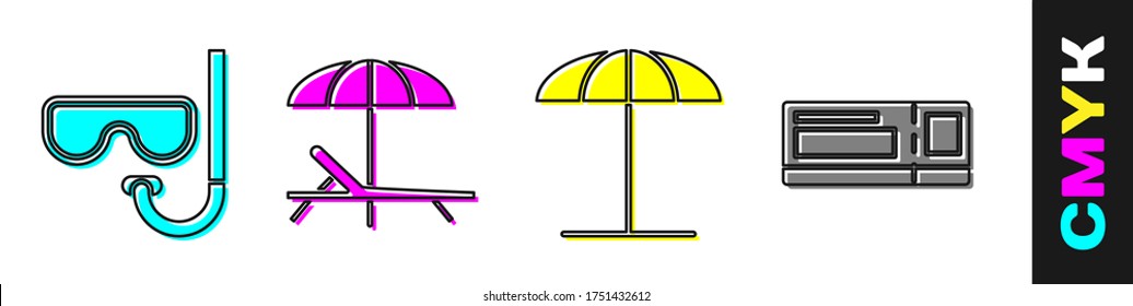Set Diving mask and snorkel, Sunbed and umbrella, Sun protective umbrella for beach and Travel ticket icon. Vector
