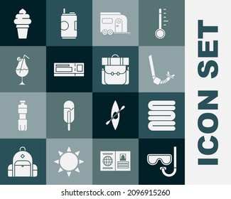 Set Diving mask and snorkel, Towel stack, Snorkel, Rv Camping trailer, Travel ticket, Cocktail alcohol drink, Ice cream waffle cone and Hiking backpack icon. Vector