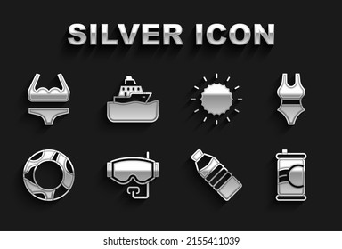 Set Diving mask, Swimsuit, Soda can, Bottle of water, Rubber swimming ring, Sun,  and Cruise ship icon. Vector