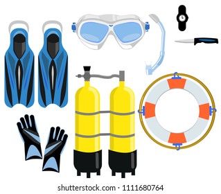 A set for diving - a mask with a tube, balloons with air, a knife, a watch, fins. Vector illustration