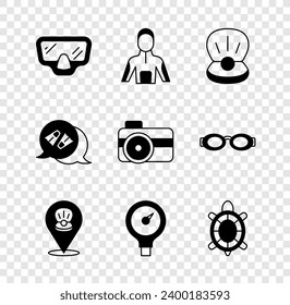 Set Diving mask, Wetsuit for scuba diving, Pearl, Scallop sea shell, Gauge scale, Turtle, Flippers swimming and Photo camera diver icon. Vector