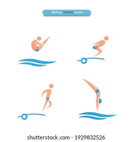 Set of diving men icons. An athlete jumps into the water. The athlete is tacked and is going to dive. Vector flat design illustration. Symbol of water sports competition isolated on white background