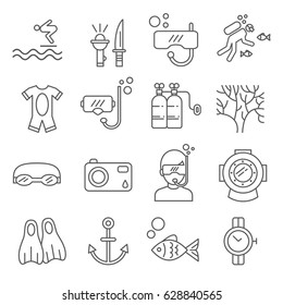 Juego de iconos de línea de vectores relacionados con el buceo. Incluye Iconos como mar, océano, buceo, aletas, submarinismo