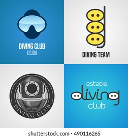 Set of diving, snorkeling vector icons, sign, symbol, emblem, logo. Graphic design elements with golden trophy, snorkel tune for diving club, divers, competition, studying