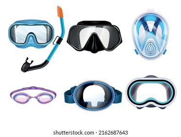 Set of diving snorkelling masks in different colours isolated on white background realistic vector illustration