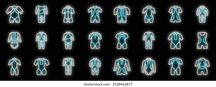 Set of diving suit glowing neon icons with different styles and for all genders