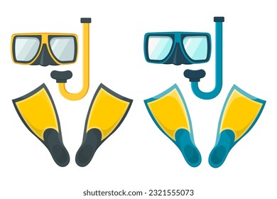 Set for diving, swimming. Diving mask, snorkel for diving under water. Flippers. Summer set for recreation, swimming. Set of two colors. Ocean blue and bright orange