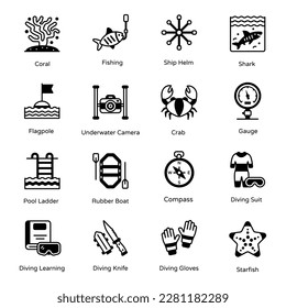 Set of Diving Tools and Underwater Glyph Icons
