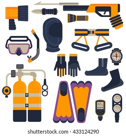 Set of diving underwater equipment for diver. Objects isolated on background. Flat and cartoon vector illustration.