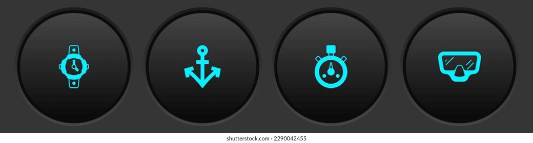 Set Diving watch, Anchor, Stopwatch and mask icon. Vector