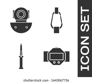 Set Diving watch, Aqualung, Army cuchillo y Carabiner icon. Vector