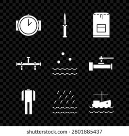 Set Diving watch, Army knife, Backpack, Wetsuit for scuba diving, Rain and waves, Fishing boat on water, Manifold and Cold icon. Vector