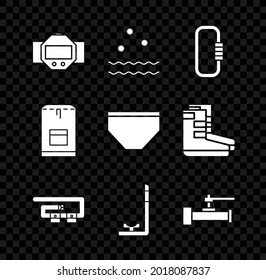 Set Diving watch, Cold and waves, Carabiner, belt, Snorkel, Industry metallic pipes valve, Backpack and Swimming trunks icon. Vector