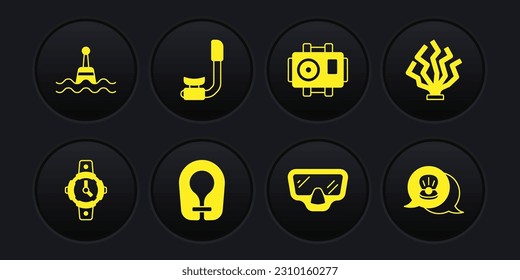 Set Diving watch, Coral, Life jacket, mask, Photo camera for diver, Snorkel, Scallop sea shell and Floating buoy icon. Vector