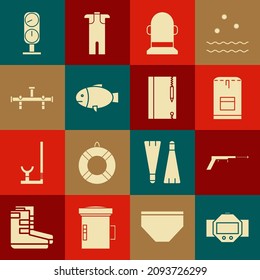 Set Diving watch, Fishing harpoon, Backpack, Buoy, Manifold, Gauge scale and Underwater note book and pencil icon. Vector