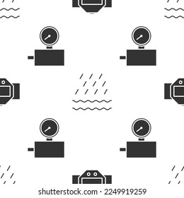 Set Diving watch, Rain and waves and Gauge scale on seamless pattern. Vector