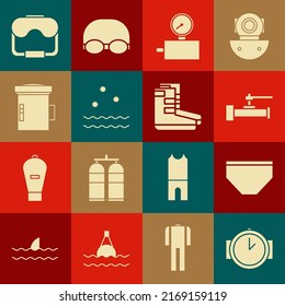 Set Diving watch, Swimming trunks, Industry metallic pipes and valve, Gauge scale, Cold waves, Big flashlight for diver, mask and Boots icon. Vector