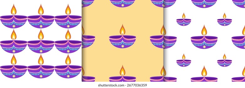 Set von Diwali Feier nahtlose Muster mit Diyas und Feuerwerk im flachen Stil. Deepavali, Vektorgrafik auf schwarzem Hintergrund für soziale Medien, Banner, Karten