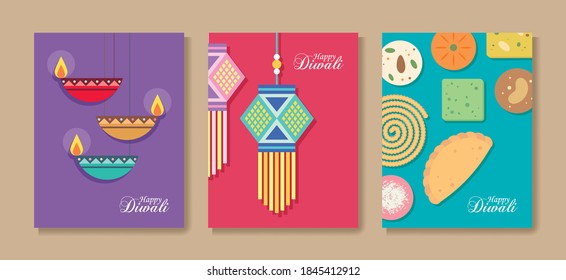 set of Diwali or Deepavali greeting card. Diya oil lamp, kandil lantern and Indian snack in graphic minimal style. Flat vector illustration. 