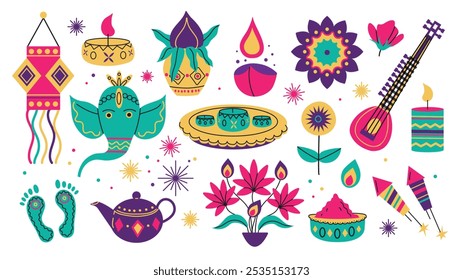 Conjunto de elementos de Diwali para decoração festiva. O festival indiano tradicional de luzes de Diwali.Ilustração vetor Iem estilo plano em um fundo branco.