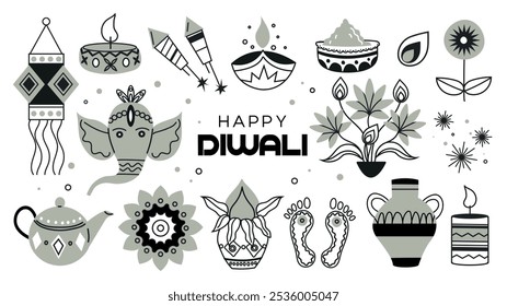 Conjunto de elementos de Diwali para decoração festiva. "Traditional Indian festival of Diwali lights" (Festival tradicional indiano de luzes de Diwali). Ilustração vetorial em estilo plano em um fundo branco.	