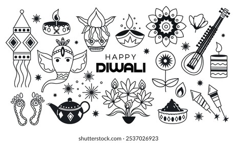 Conjunto de elementos de Diwali para decoração festiva. "Traditional Indian festival of Diwali lights" (Festival tradicional indiano de luzes de Diwali). Ilustração vetorial em estilo plano em um fundo branco.	